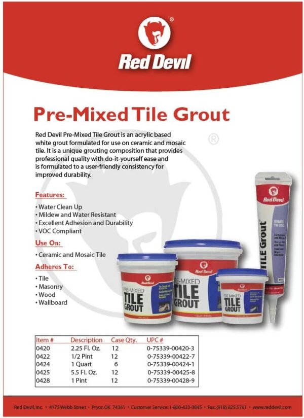 Red Devil 0422 Pre-Mixed Tile Grout, White, 1/2 Pint - Image 2