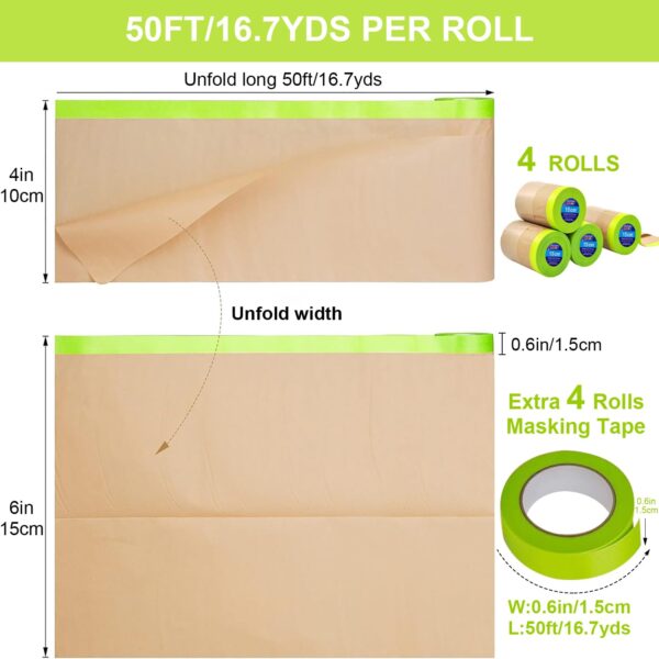 Painters Pre-Taped Masking Paper - 4 Rolls 6 Inch x 50 Feet - Image 2