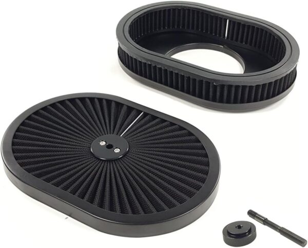 12"x2" Washable Oval Air Filter Set, 5-1/8" Carb Neck, Black