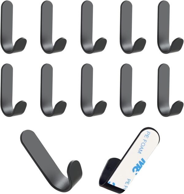 10Pcs Black Adhesive Hooks, Hold 12Lbs, Stainless Steel, Heavy Duty.