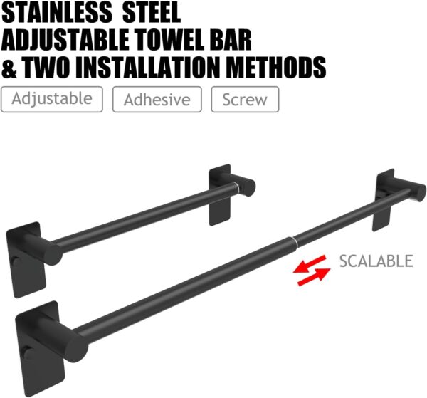 Adjustable Towel Bar, Self Adhesive Wall Mounted, Matte Black - Image 2