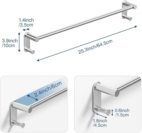 24-Inch Adhesive Towel Bar with 2 Hooks, Silver - Image 4