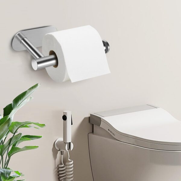 Adhesive Toilet Paper Holder - Brushed Nickel, Stick-On Wall Mount - Image 3