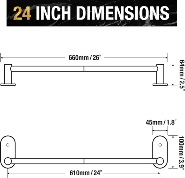 HITSLAM 24 Inch Matte Black Towel Bar, Self Adhesive Stainless Steel Wall Mounted - Image 3