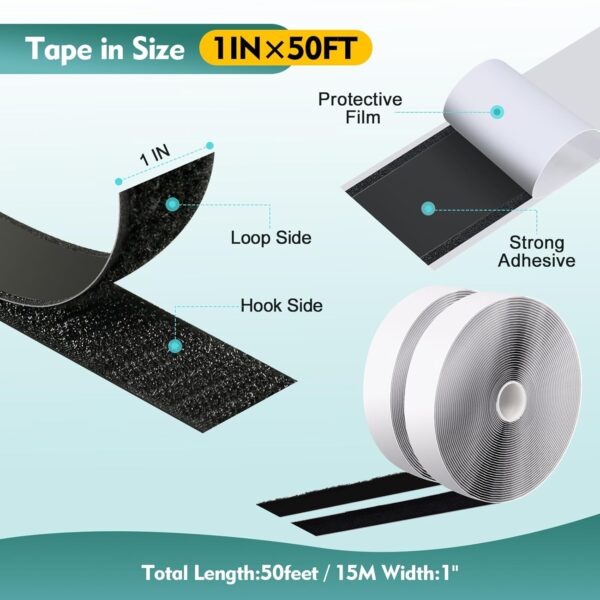 1" x 50' Black Heavy Duty Hook and Loop Tape with Adhesive for DIY Home and Office - Image 6