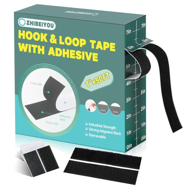 1" x 50' Black Heavy Duty Hook and Loop Tape with Adhesive for DIY Home and Office