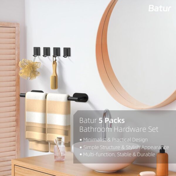 Batur 5 Pack Towel Holder Set, Self-Adhesive, 16" Bar, 4 Hooks, Black - Image 2