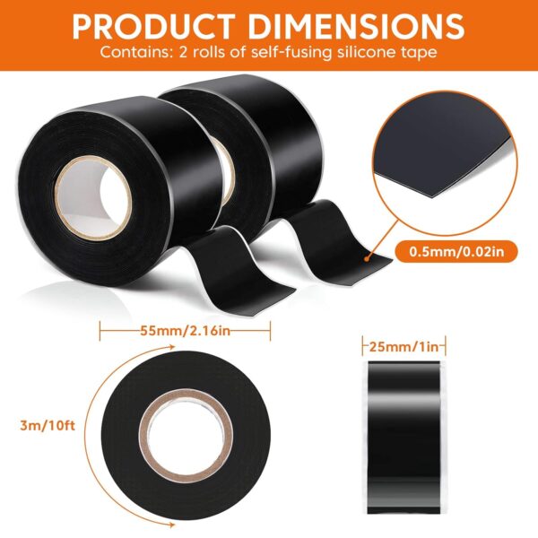 2 Rolls Waterproof Self Fusing Silicone Tape - 1in X 10ft, Black - Image 2