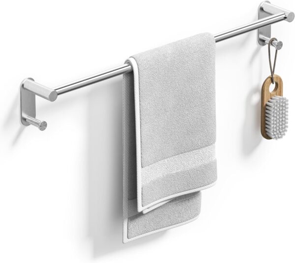 24-Inch Adhesive Towel Bar with 2 Hooks, Silver