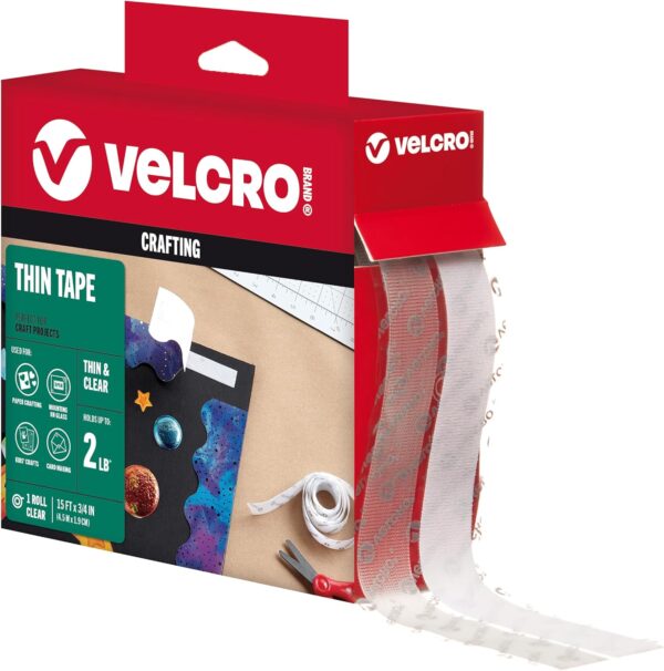 VELCRO Brand Thin Clear Tape | 15 Ft x ¾” | Cut Strips | Home Office or Crafts