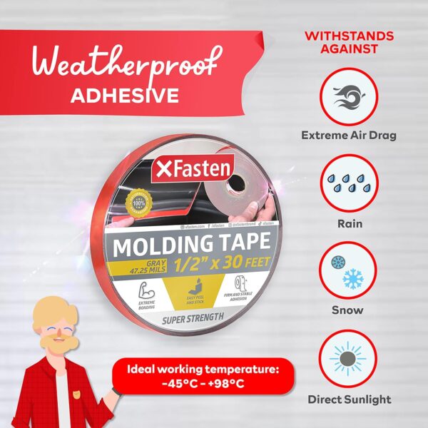 XFasten Gray Automotive Molding Tape, 1/2" x 30ft - Image 6