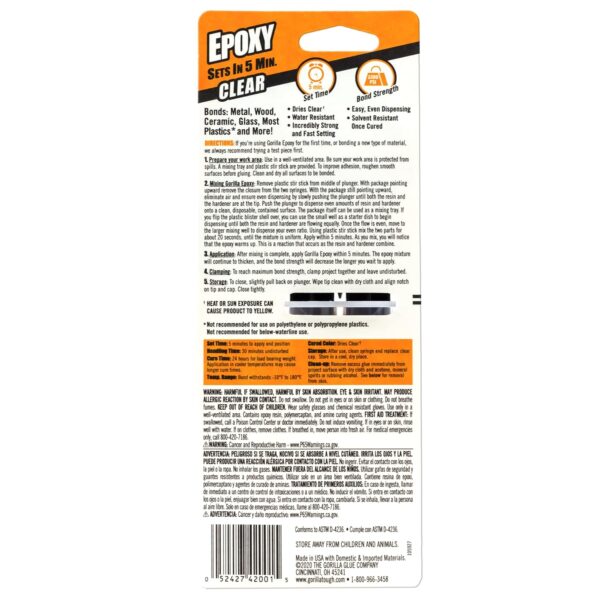 Gorilla 2 Part Epoxy, 5 Minute Set, .85 oz, Clear (Pack of 2) - Image 2