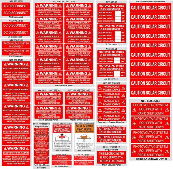 62 Pack Solar PV System Labels - UV Resistant, NEC Compliant - ANSI/ISO Approved