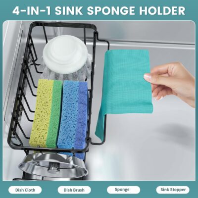 Black 4-in-1 Sponge Holder for Kitchen Sink with Adhesive Hook - Image 3