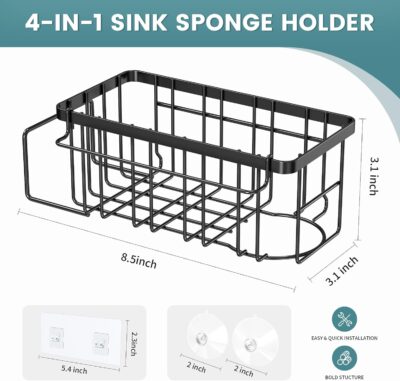 Black 4-in-1 Sponge Holder for Kitchen Sink with Adhesive Hook - Image 2