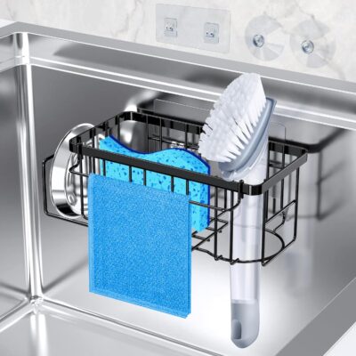 Black 4-in-1 Sponge Holder for Kitchen Sink with Adhesive Hook