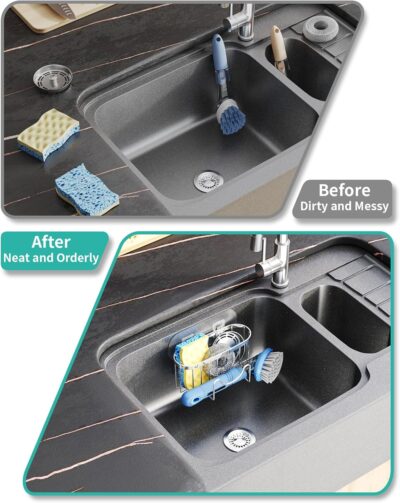 HapiRm Adhesive Kitchen Sink Organizer with Sponge Holder -Silver - Image 5