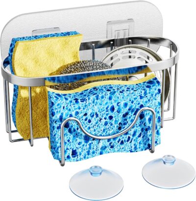 HapiRm Adhesive Kitchen Sink Organizer with Sponge Holder -Silver