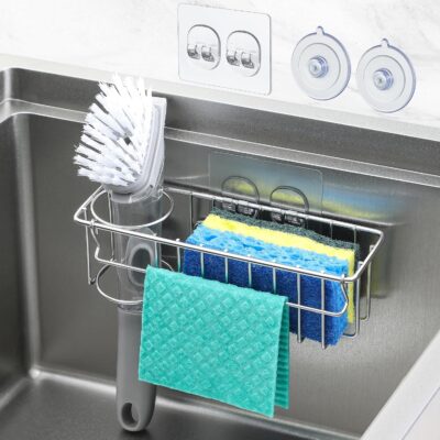 Stainless Steel 3-In-1 Sink Sponge Holder with Suction Cups