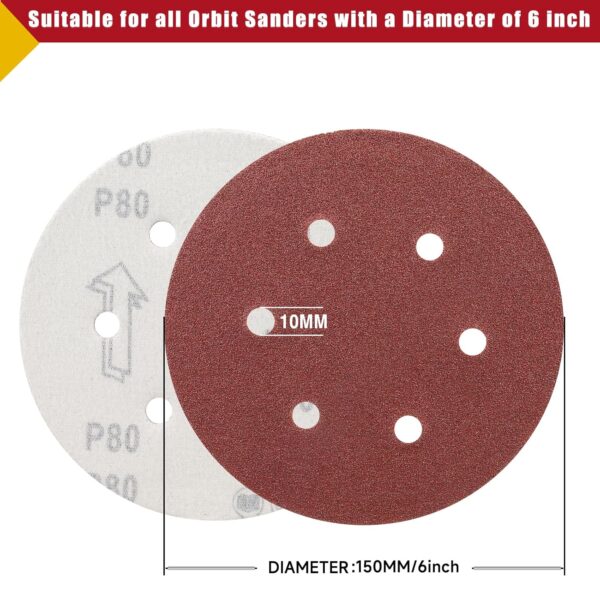 100 PCS 6" Sanding Discs 180 Grit, Hook & Loop Orbital Sandpaper - Image 2