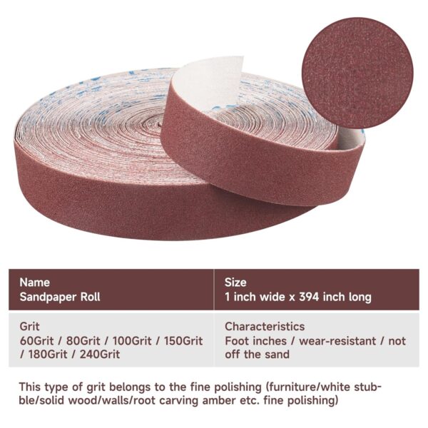 180 Grit Sandpaper Roll, 1" x 32.13 Feet Emery Cloth - Image 5