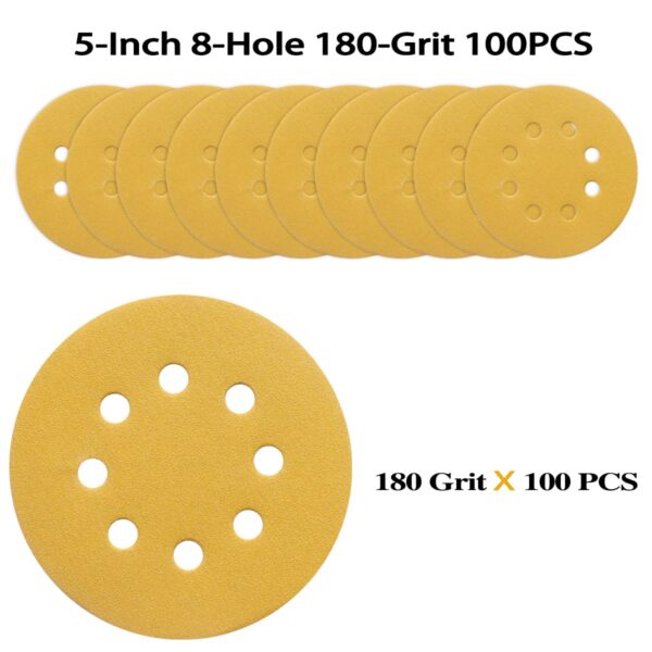 100PCS 5" 8 Hole Sanding Discs 180 Grit Gold - Image 2