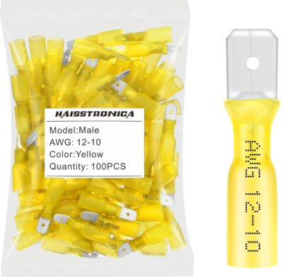 100 Yellow Heat Shrink Male Spade Connectors, 12-10 Gauge