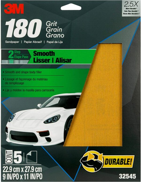 3M Sandpaper, 180 Grit, 5 Sheets, 9x11 in, Strong Abrasive