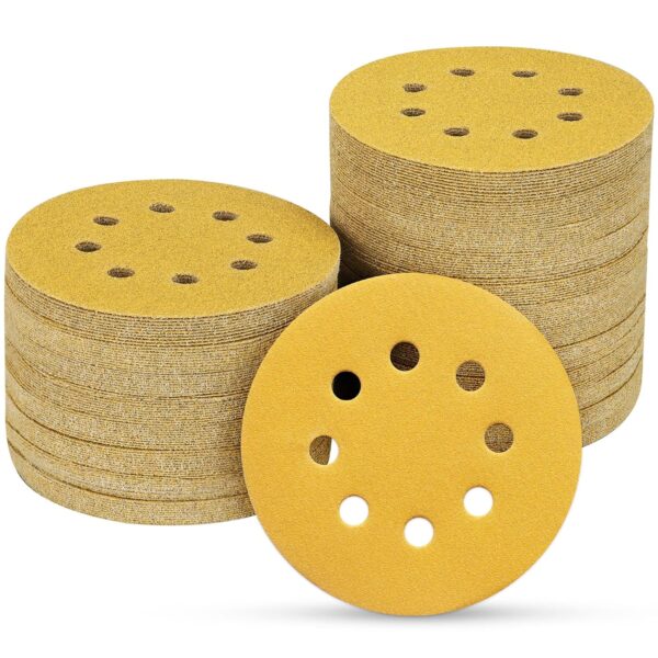 100PCS 5" 8 Hole Sanding Discs 180 Grit Gold