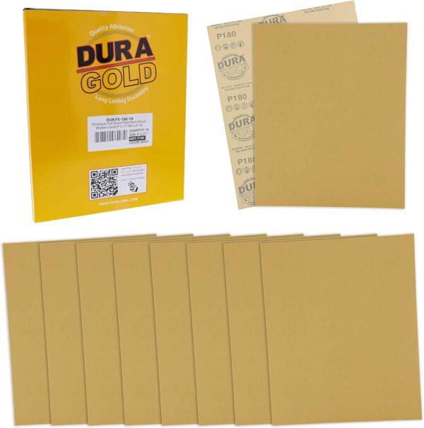 Dura-Gold 9x11 Gold Sandpaper Sheets, 180 Grit (Box of 10)