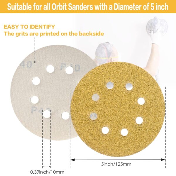 100PCS 5" 8 Hole Sanding Discs 180 Grit Gold - Image 3