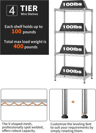 SINGAYE 4 Tier Adjustable Wire Shelf 400LBS Load Capacity - Image 6