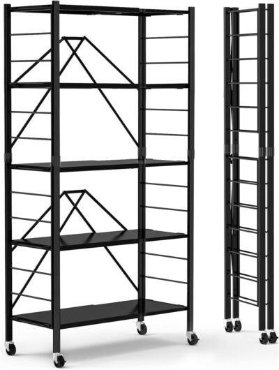 5 Tier Foldable Storage Shelves with Wheels, Collapsible Metal Rack