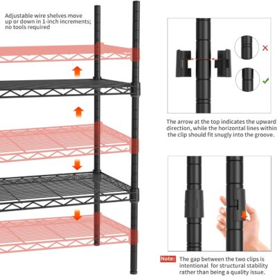 Adjustable 5 Tier Metal Storage Shelf, 750LBS Capacity, Black - Image 5