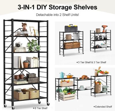 Himix 6 Tier Foldable Storage Shelves with Wheels, Black - Image 3