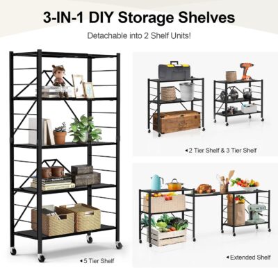 5 Tier Foldable Storage Shelves with Wheels, Collapsible Metal Rack - Image 3