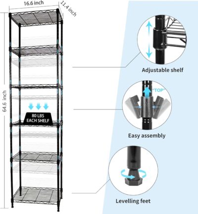 Adjustable 6-Tier Wire Shelving Unit for Kitchen Pantry, Black - Image 3