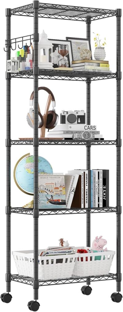 Homdox 5 Tier Wire Shelving Unit on Wheels, Black