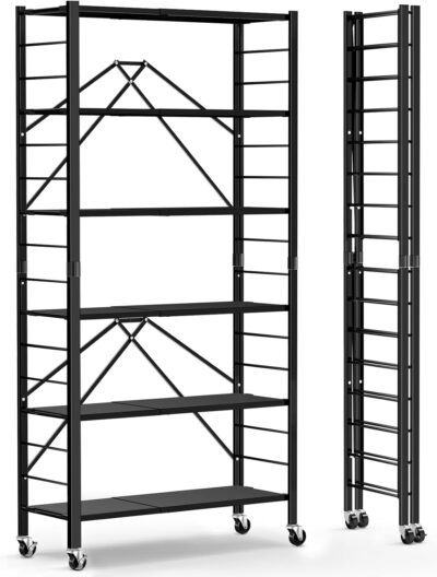 Himix 6 Tier Foldable Storage Shelves with Wheels, Black