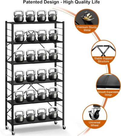 Himix 6 Tier Foldable Storage Shelves with Wheels, Black - Image 6