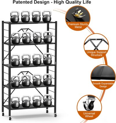 5 Tier Foldable Storage Shelves with Wheels, Collapsible Metal Rack - Image 6