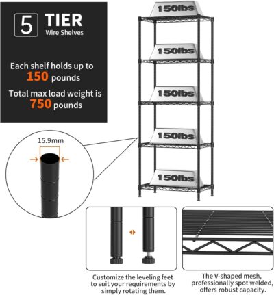 Adjustable 5 Tier Metal Storage Shelf, 750LBS Capacity, Black - Image 4