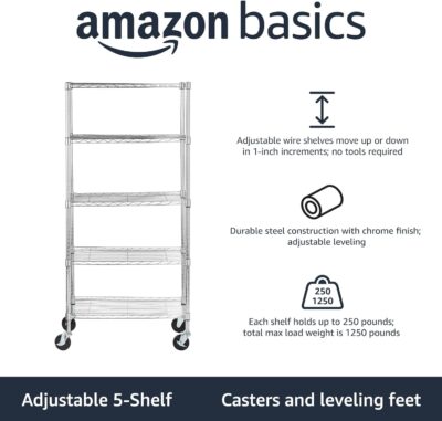 Amazon Basics 5-Shelf Heavy Duty Storage Shelving Unit on Casters, Chrome - Image 2