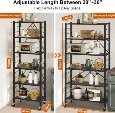 Himix 6 Tier Foldable Storage Shelves with Wheels, Black - Image 2