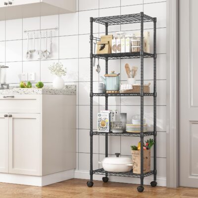 Homdox 5 Tier Wire Shelving Unit on Wheels, Black - Image 2