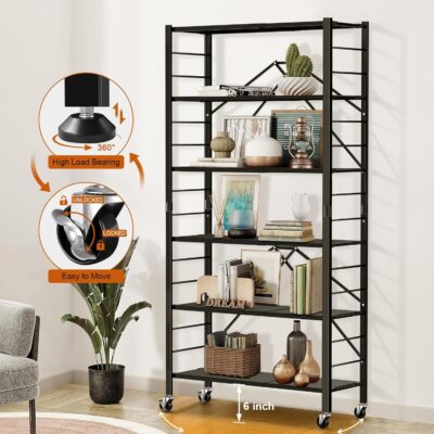 Himix 6 Tier Foldable Storage Shelves with Wheels, Black - Image 7