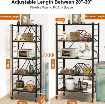 5 Tier Foldable Storage Shelves with Wheels, Collapsible Metal Rack - Image 2